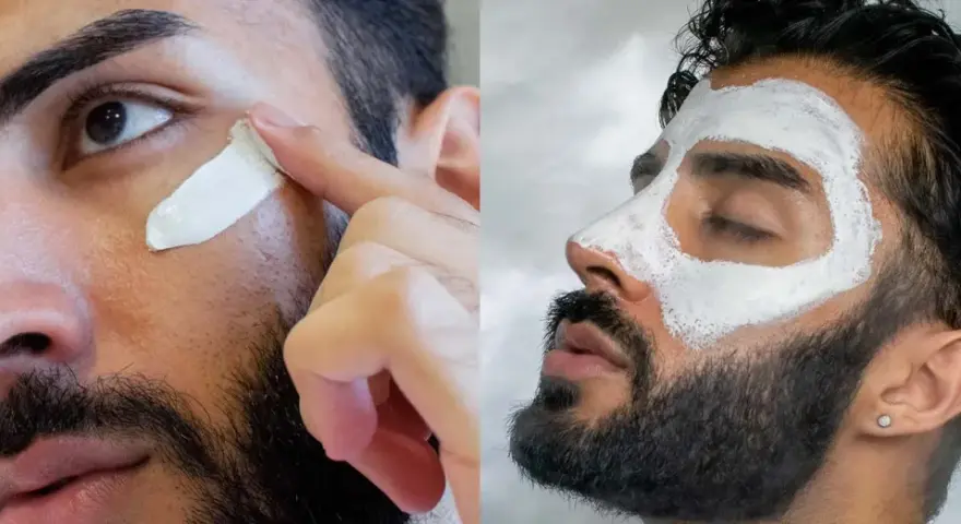 Hombre aplicándose mascarillas de arcilla para la cara. Una imagen muestra la aplicación, la otra la mascarilla puesta.