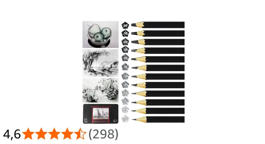 En samling ritningar och svarta pennor visar pennans historia, från fruktstilleben till landskap.