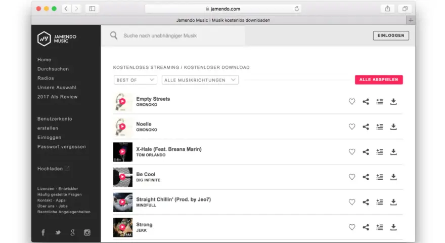 Jamendo Music zeigt eine Liste mit kostenlosen Downloads an, bereit für deinen nächsten playlist upload.