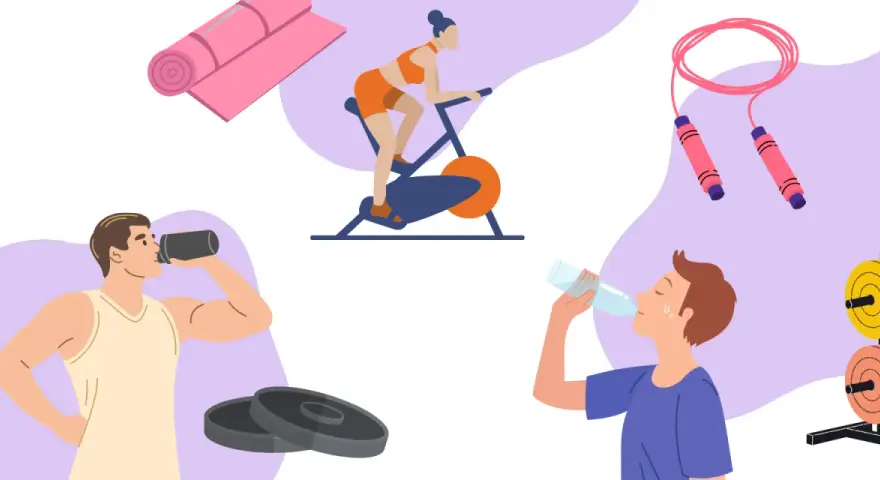 Fitness-Szene mit Radfahrer, Springseil, Gewichten und Männern, die trinken. Ein Proteinshake vor oder nach dem Training ist ideal.