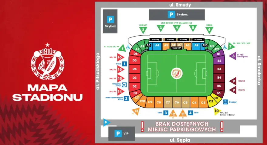Mapa stadionu Widzew Łódź. Widok z lotu ptaka na boisko, trybuny z sektorami A, B, C, D, punkty informacyjne, kasy, depozyt i parkingi.