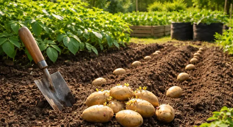 Spaten liegt neben gekeimten Kartoffeln, bereit, um Kartoffeln anzubauen. Reihen von Kartoffeln sind im Boden ausgelegt.