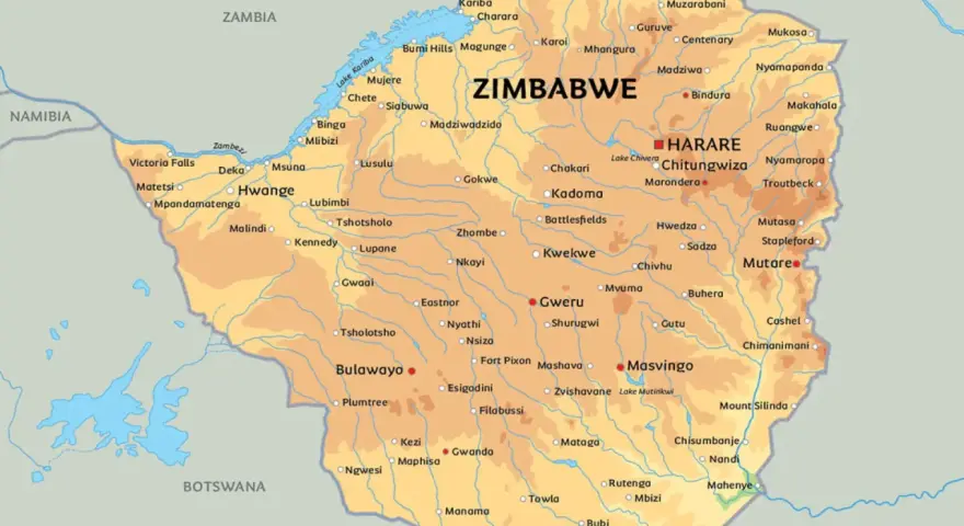 Mapa Zimbabwe z zaznaczonymi miastami, rzekami i jeziorami. Język polski.
