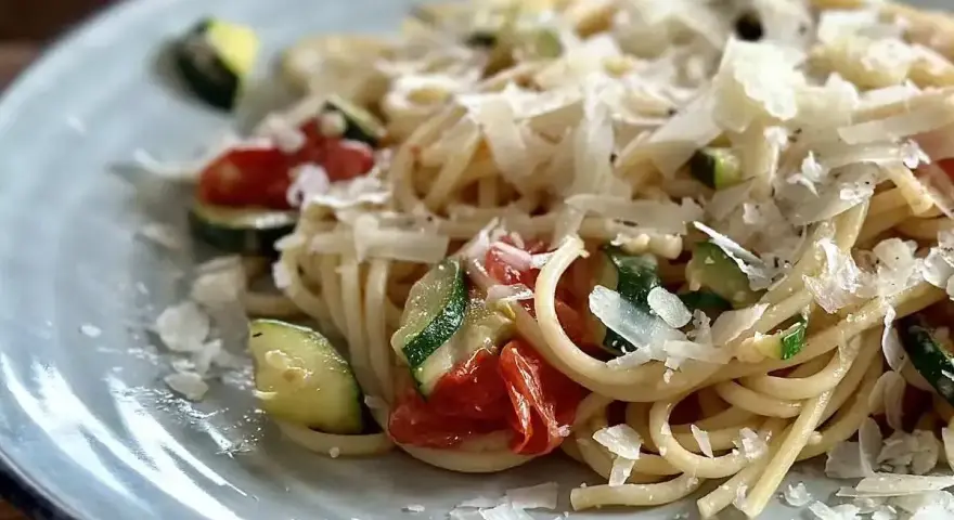 Pyszny makaron z pomidorkami koktajlowymi, cukinią i parmezanem. Idealny letni posiłek.