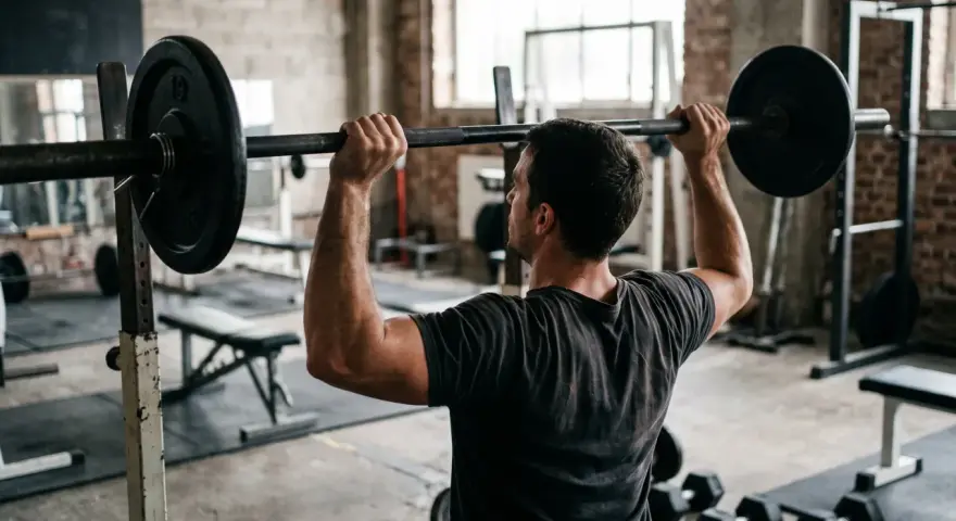 Un homme effectue des exercices de musculation avec une barre chargée dans une salle de sport rustique.