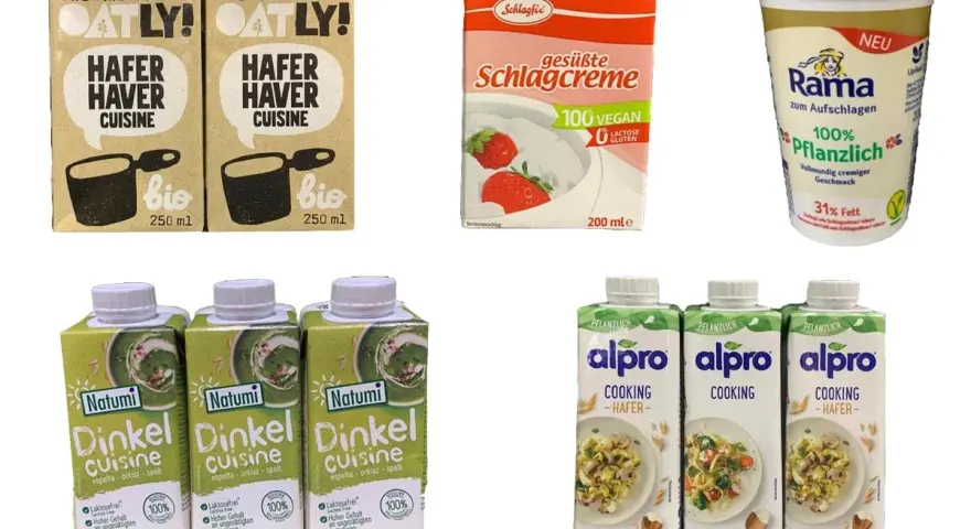 Verschiedene pflanzliche Sahne-Alternativen zum Kochen und Aufschlagen: Oatly Hafer Cuisine, Schlagfix, Rama und Alpro Hafer.