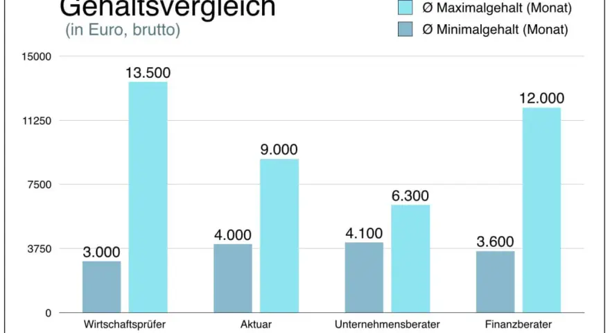 Gehaltsvergleich: Ein Wirtschaftsprüfer verdient im Schnitt 3.000€ (minimal) bis 13.500€ (maximal) brutto im Monat.