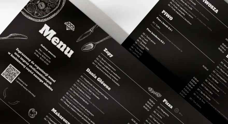Czarne, eleganckie menu restauracji z rysunkami pizzy i sztućców. Zawiera sekcje: Zupy, Dania Główne, Makaron, Pizza.
