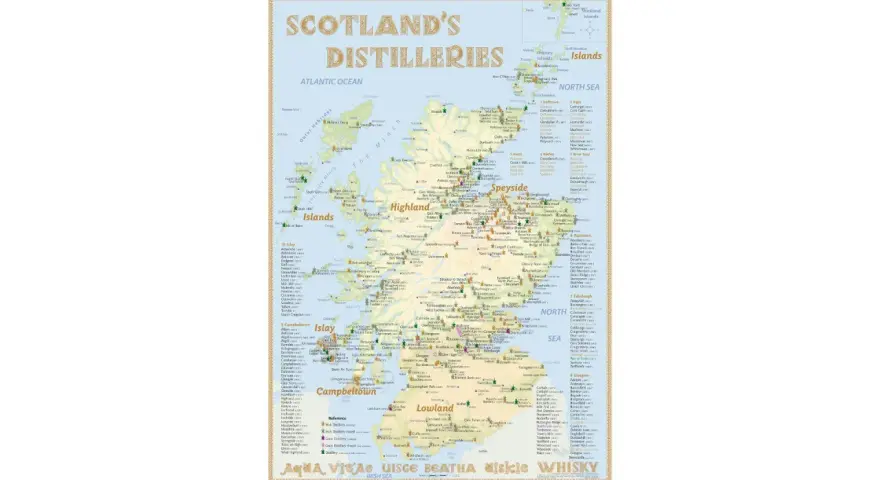 Karte der Whisky Regionen Schottlands mit Destillerien. Entdecke die Vielfalt der schottischen Whisky Regionen.