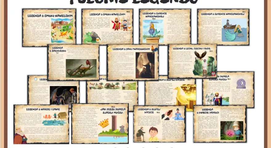 Zbiór kart PDF z polskimi legendami: smok wawelski, syrenka warszawska, bazyliszek, Pan Twardowski, Lech, Czech i Rus, Wars i Sawa, złota kaczka, Popiel i kwiecie paproci.