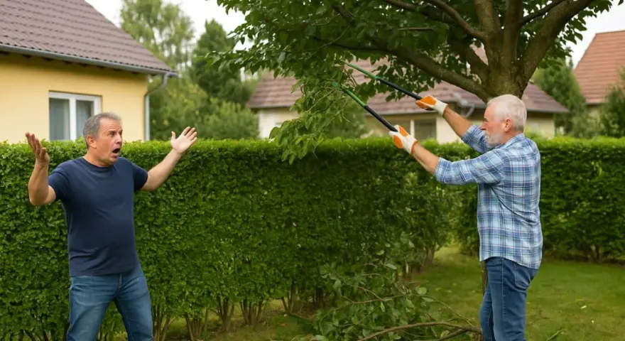 Un homme s'exclame, les mains levées, tandis que son voisin coupe des branches. La question "peut on couper les branches du voisin" est au cœur de cette scène.