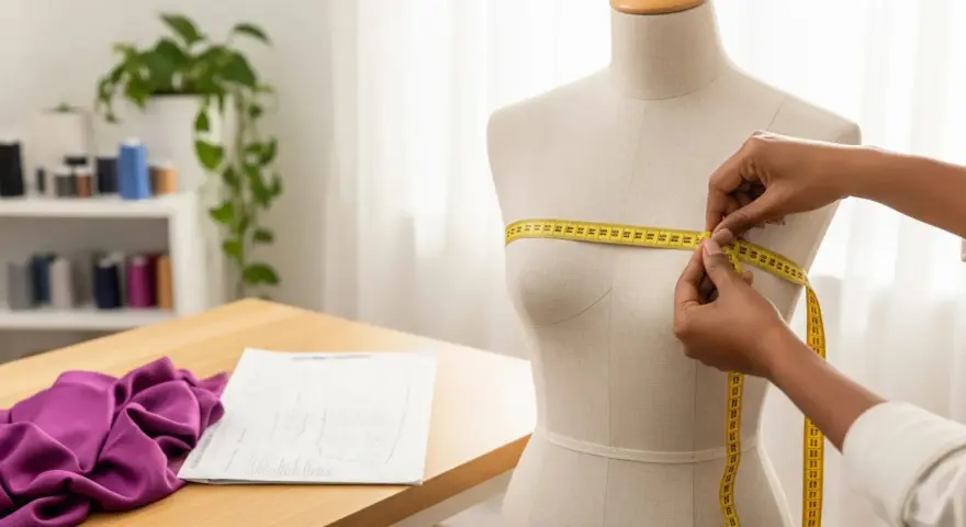Manos midiendo un maniquí con cinta métrica amarilla, demostrando cómo tomar las medidas del cuerpo para confección.