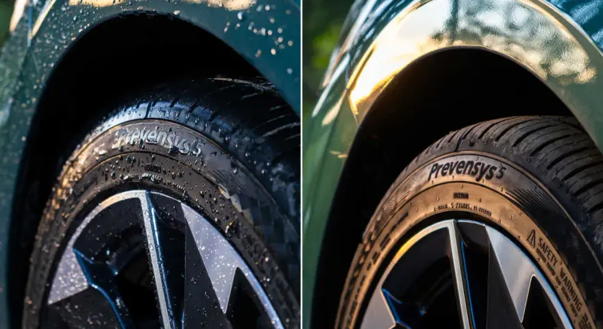 Comparaison de deux pneus Norauto Prevensys 5, l'un mouillé, l'autre sec.