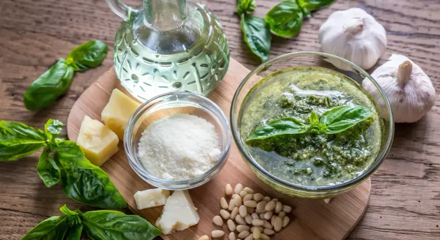 Składniki do przygotowania pesto: świeża bazylia, orzeszki piniowe, czosnek, parmezan, oliwa.