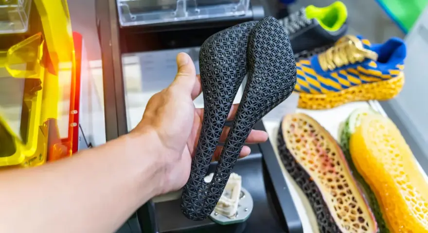A hand holds a black, intricately patterned bicycle saddle, likely made from tpu material. In the background, colorful 3D-printed shoe soles and a shoe are visible.