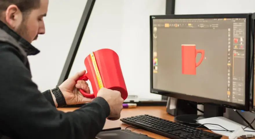 Mężczyzna mierzy czerwoną kubek 3d, porównując go z modelem na ekranie komputera.