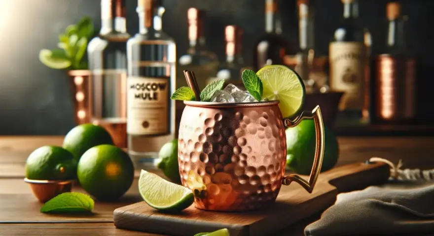 Orzeźwiający Moscow Mule w miedzianym kubku, z limonką i miętą. Obok butelka z etykietą "Moscow Mule" i świeże limonki.