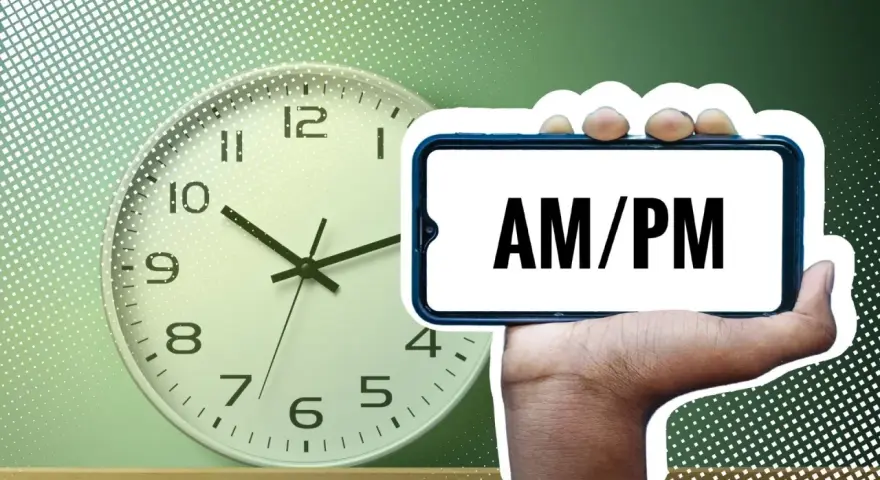 Eine Uhr und ein Smartphone mit "AM/PM" darauf. Das Bild erklärt die englischen Uhrzeiten am und pm.