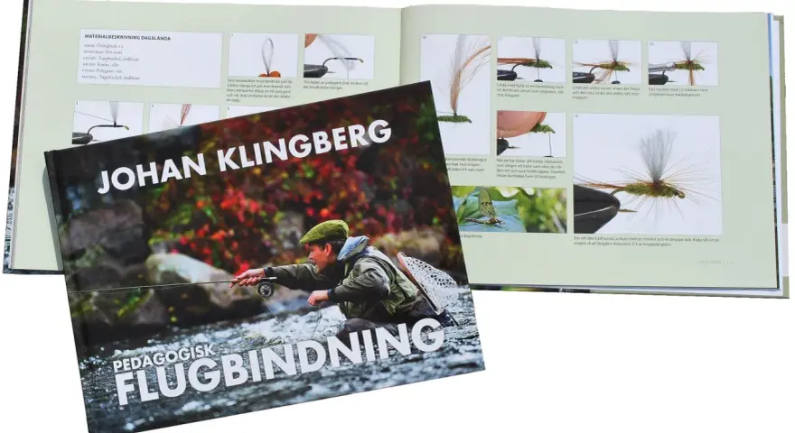 En bok om flugbindning visar steg-för-steg-instruktioner för att binda en dagslända. Boken har titeln "Pedagogisk Flugbindning" av Johan Klingberg.