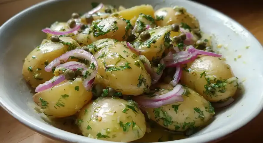 En skål med nykokt potatis, garnerad med rödlök, kapris och färska örter. Perfekt tillbehör till sommarmaten.