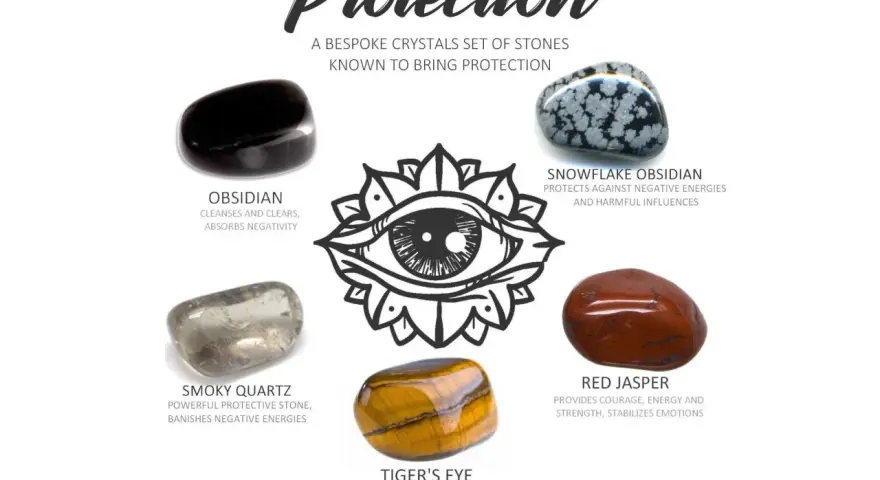 Conjunto de piedras protectoras: obsidiana, cuarzo ahumado, ojo de tigre, jaspe rojo y obsidiana copo de nieve, para alejar malas energías.
