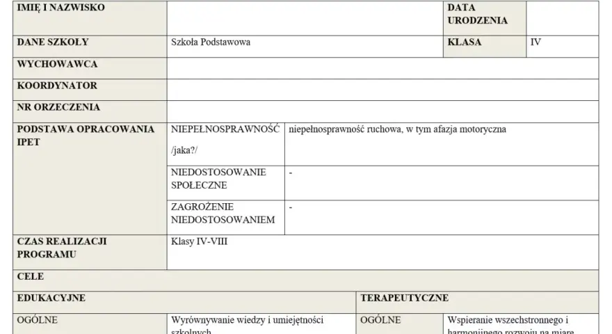 IPET dla ucznia z afazją motoryczną w szkole podstawowej, klasa IV. Program obejmuje wsparcie edukacyjne i terapeutyczne.