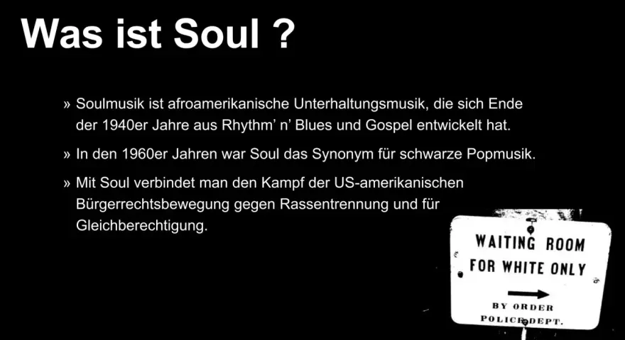 Soulmusik, ein Musikgenre mit Seele, entstand Ende der 1940er Jahre. Sie war ein Synonym für schwarze Popmusik und verband sich mit dem Kampf für Gleichberechtigung.