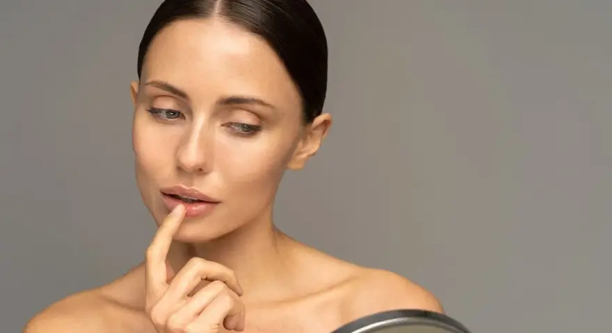 Mujer se toca los labios con el dedo, reflexionando sobre cómo hidratar los labios para una piel radiante.
