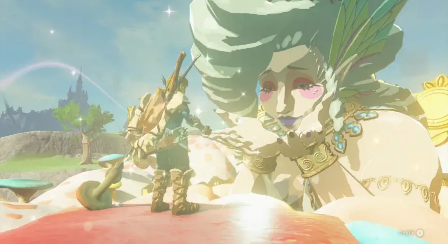 Link interactúa con una gigante en Hyrules, un momento épico de Tears of the Kingdom.