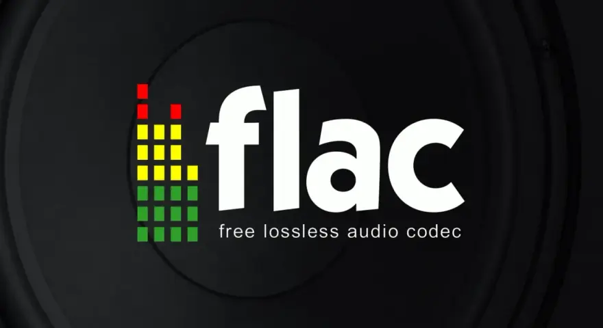 Logo FLAC z kolorowym wskaźnikiem poziomu dźwięku i napisem "free lossless audio codec". Ciesz się muzyką w najwyższej jakości.