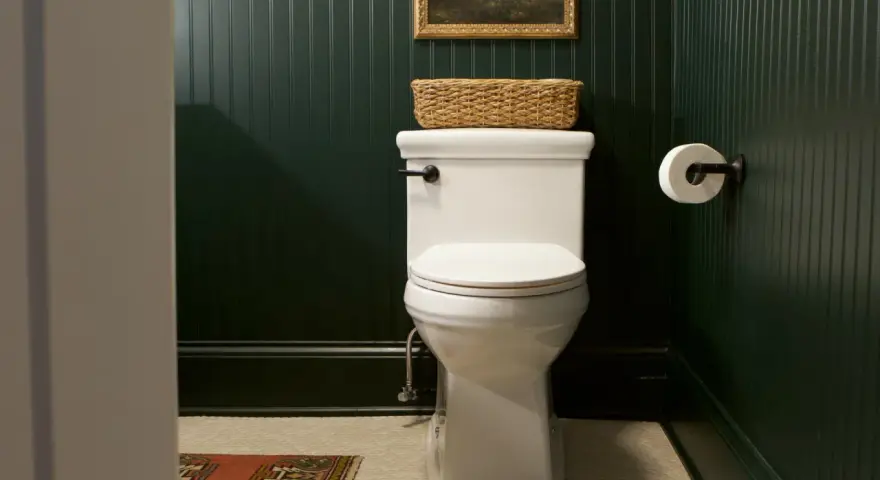 A white toilet with a basket on top, ready for a tutorial on how to replace toilet seat.