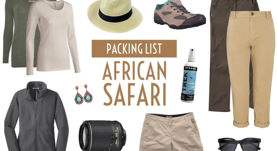 Jakie buty na safari w Kenii? Wygodne trekkingowe, do tego beżowe spodnie, bluza polarowa, kapelusz, okulary, biżuteria i aparat.