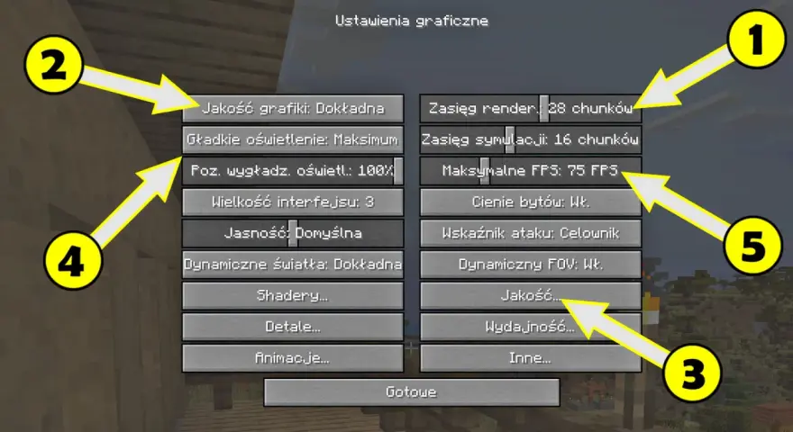 Ustawienia graficzne Minecraft. Zmniejsz zasięg renderowania i jakość, aby mieć więcej FPS. 1, 2, 3, 4, 5.