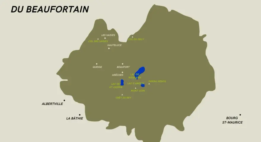 Carte du massif du Beaufortain, montrant les lacs de Roselend et Saint-Guérin, ainsi que des lieux comme Beaufort, Arêches et Albertville.