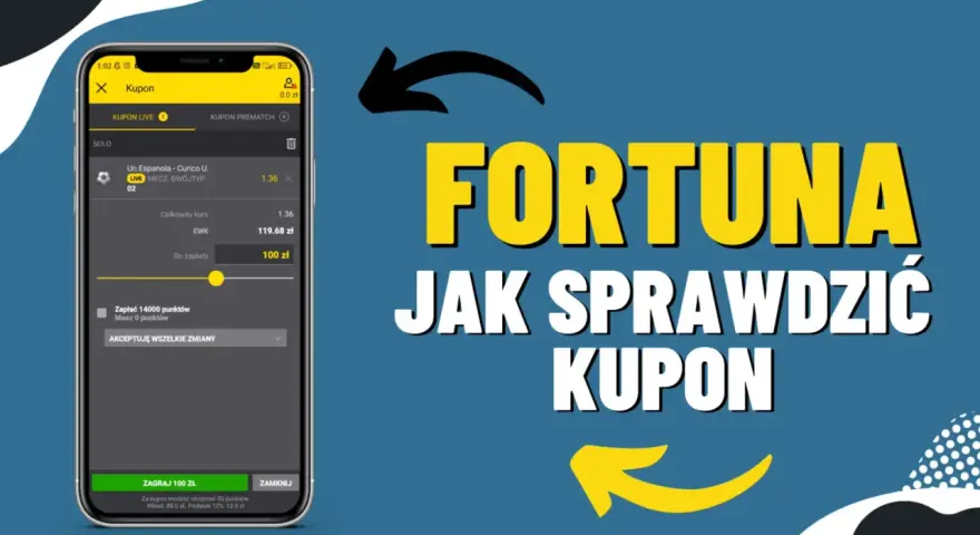 Aplikacja mobilna Fortuna pokazuje, jak sprawdzić kupon. Widoczny jest kupon z kursem 1.36 i kwotą do zapłaty 100 zł.