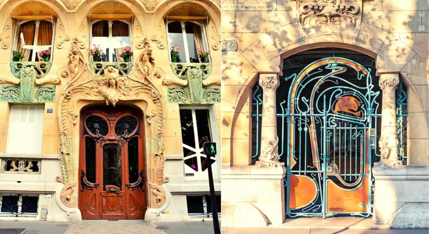 Portes et grilles en architecture art nouveau, ornées de courbes organiques et de visages féminins.