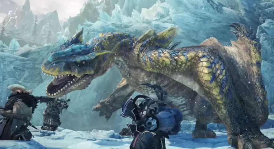 Cazadores se enfrentan a un dragón en un paisaje helado. ¡Una escena épica de Monster Hunter World!