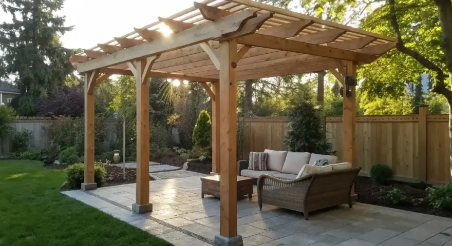 A beautiful wooden pergola, a perfect example of how to build a pergola, offers shade over a patio with outdoor furniture.