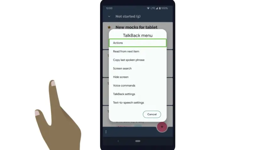 Menu TalkBack z opcjami, w tym "TalkBack settings", pomoże Ci dowiedzieć się, jak wyłączyć TalkBack.