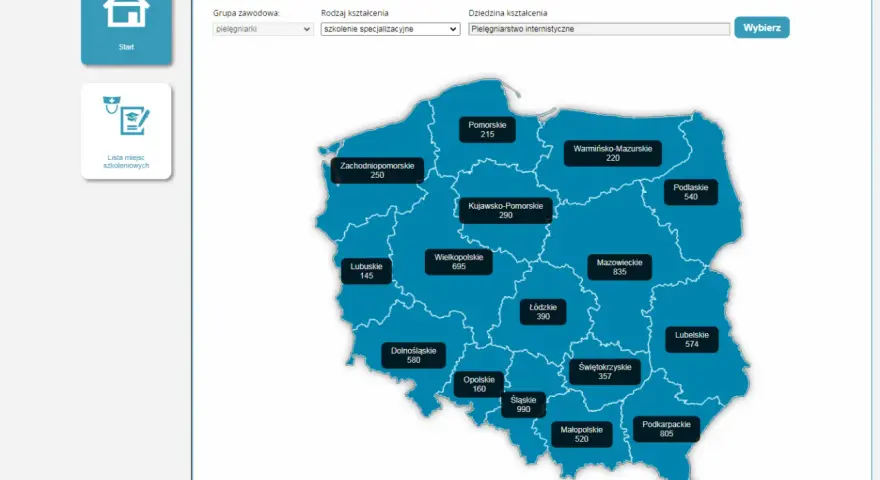 Mapa Polski z danymi o szkoleniach specjalizacyjnych dla pielęgniarek. Sprawdź, ile trwa specjalizacja pielęgniarska w wybranym województwie.