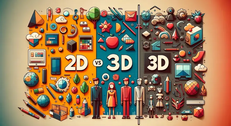 Kolorowe ikony ilustrujące świat 2D i 3D, od płaskich kształtów po bryły.