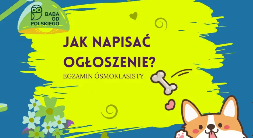 Jak się pisze ogłoszenie? Dowiedz się, jak stworzyć skuteczne ogłoszenie na egzamin ósmoklasisty. Ilustracja z sową i psem.