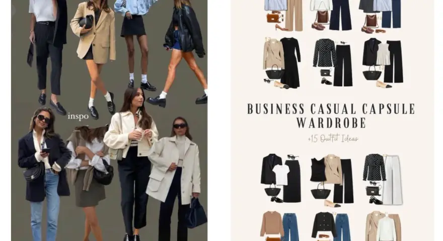 Modelli di outfit business casual. Il significato di "tinta unita" si riflette nella scelta di capi versatili e monocromatici per creare un guardaroba funzionale.