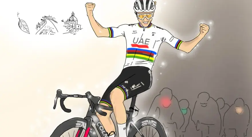 Tadej Pogačar celebrates a victory at the Tour de France, with sketches of iconic landmarks in the background.