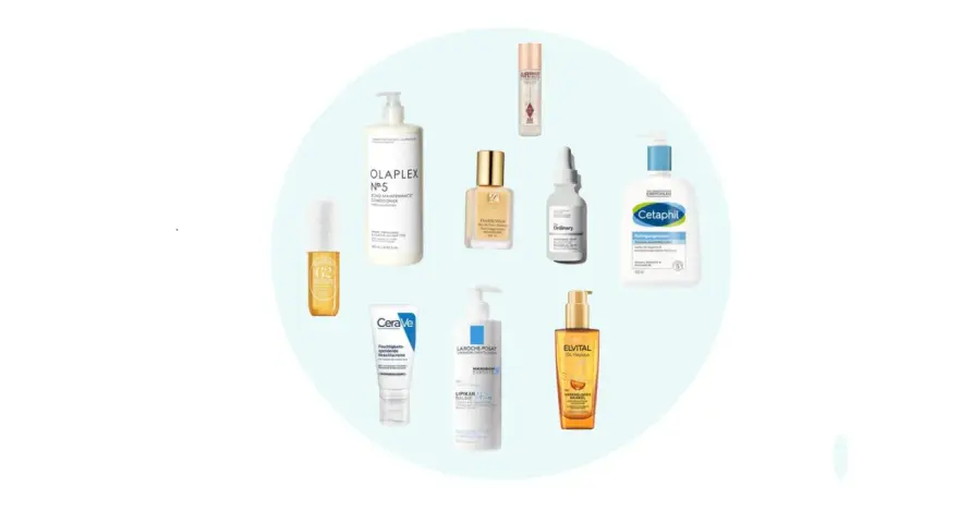 Collage verschiedener Kosmetikprodukte von Marken wie Olaplex, CeraVe, Cetaphil und The Ordinary.