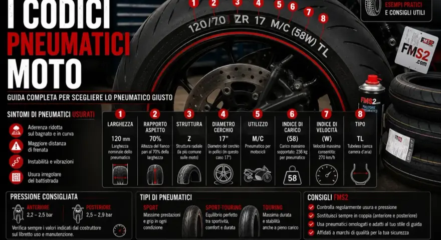 Guida alla lettura dei codici sul battistrada pneumatici motociclo: larghezza, indice di carico e velocità per scegliere il pneumatico giusto.