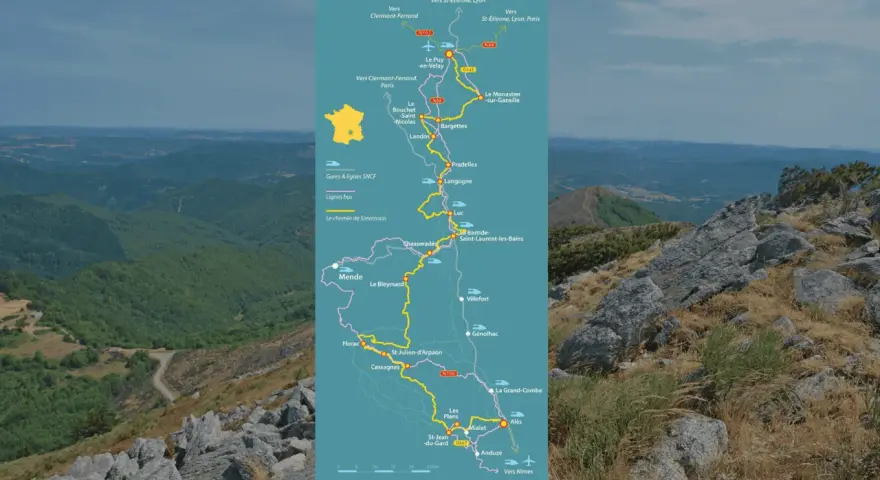 Carte du chemin de Stevenson, montrant le dénivelé et les étapes, de la Lozère au Gard.