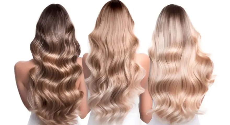 Trzy kobiety z falującymi włosami. Jedna ma ciemne, dwie pozostałe w odcieniach blond. Delikatny **air touch blond** na ich głowach.