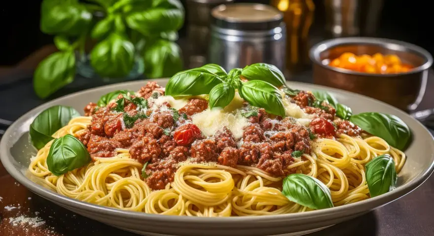 Ein Teller Spaghetti mit einer reichhaltigen, fleischigen Bolognese-Sauce, garniert mit frischem Basilikum und Parmesan. Das ist die beste Bolognese!