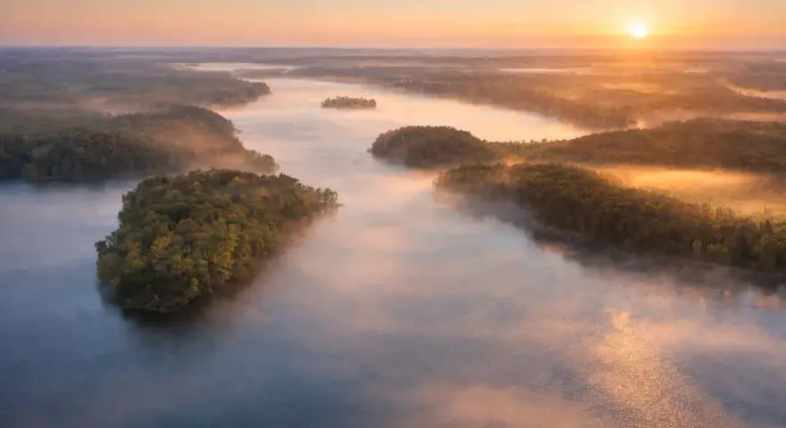 Mglisty poranek nad jeziorem Mukrza. Słońce wschodzi nad lasami, tworząc złote refleksy na wodzie i unosząc się nad mgłą.
